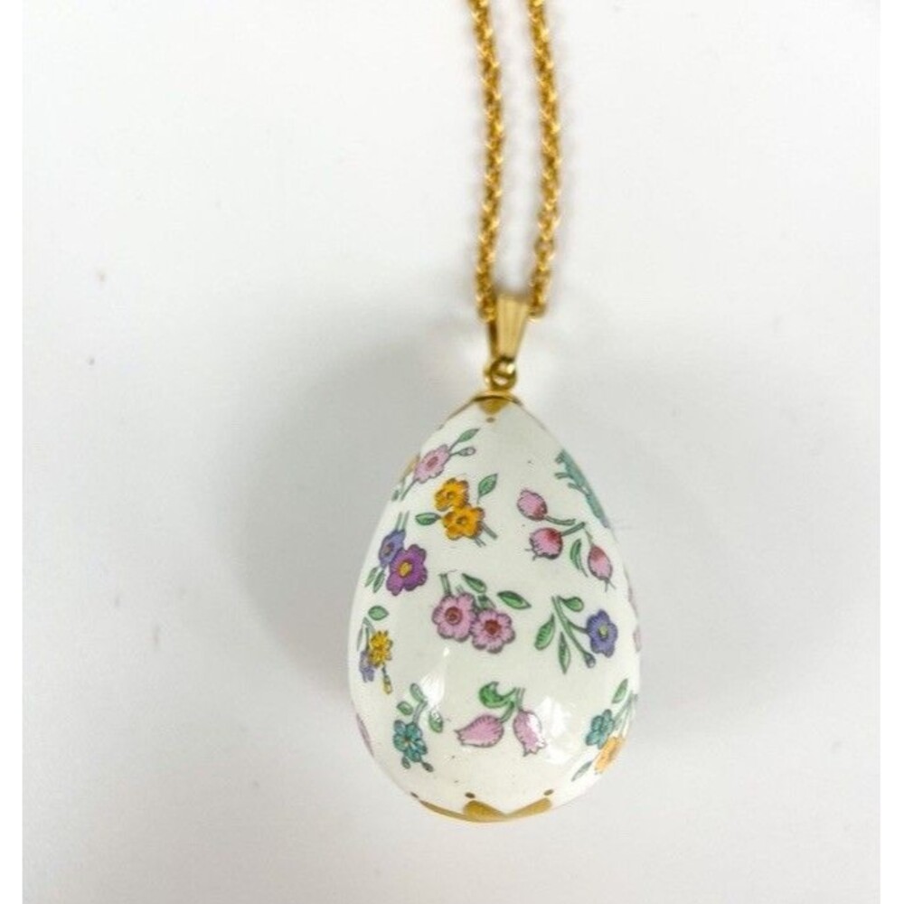 Vintage Cloisonné Flowers of Spring Franklin Mint Enamel Egg Pendant Necklace